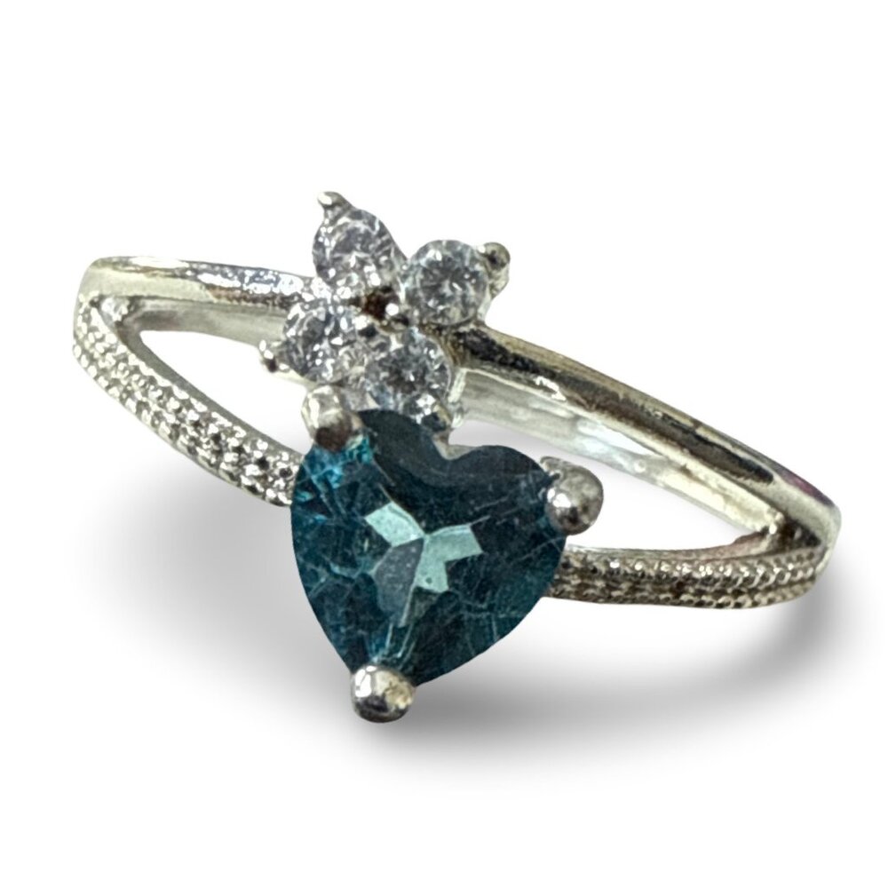 ***SOLD***Blue London topaz gemstone heart CZ ring stainless steel women’s